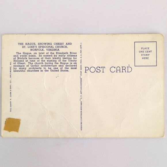 The Hague Norfolk VA 1940s Linen Postcard Christ Episcopal Church Sailboats - Picture 2 of 2